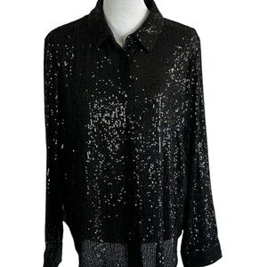 CeCe Black Sequin Button-Up Blouse – Y2K Glam / Evening Chic